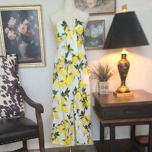 English Factory White Strapless Jumpsuit with Yellow Lemon Print